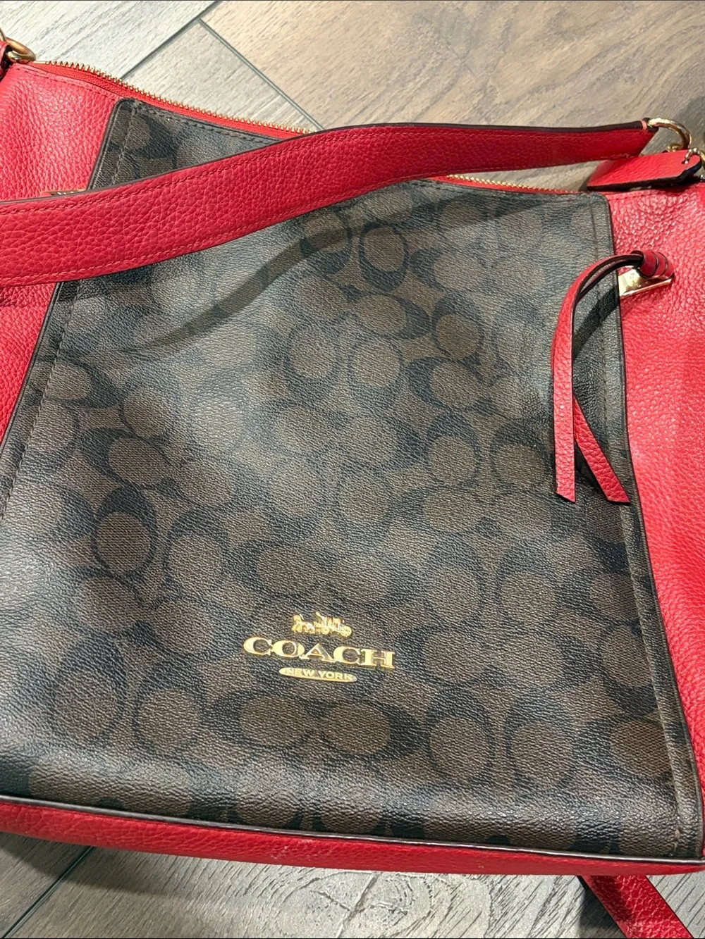 Coach Brown Signature Canvas Shoulder Bag with Red Leather Trim